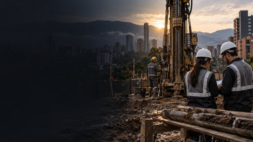 Equipo de ingeniería durante una exploración geotécnica en un entorno urbano de montaña.