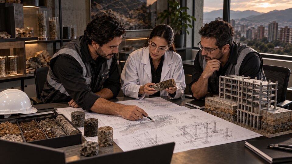 Equipo multidisciplinario revisando planos, muestras y un modelo estructural.