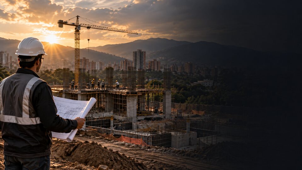 Profesional observando una estructura en construcción durante una evaluación técnica.
