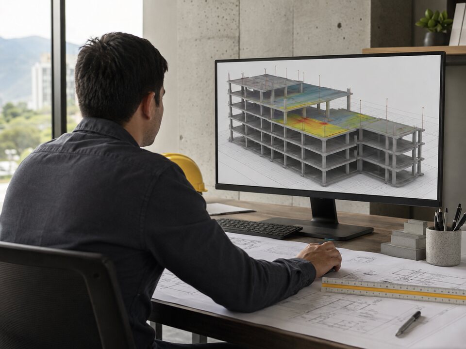 Profesional revisando un modelo tridimensional de una estructura de concreto.