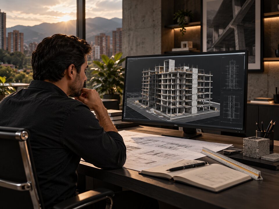 Profesional revisando un modelo digital de una estructura de concreto.